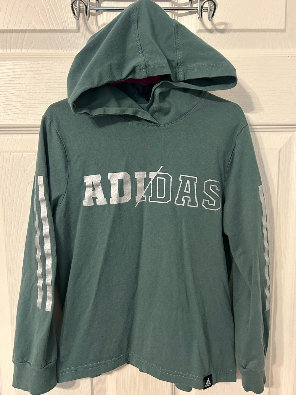 Boys, adidas, Green Hooded Long-Sleeve Top with Silver Logo, Size 6